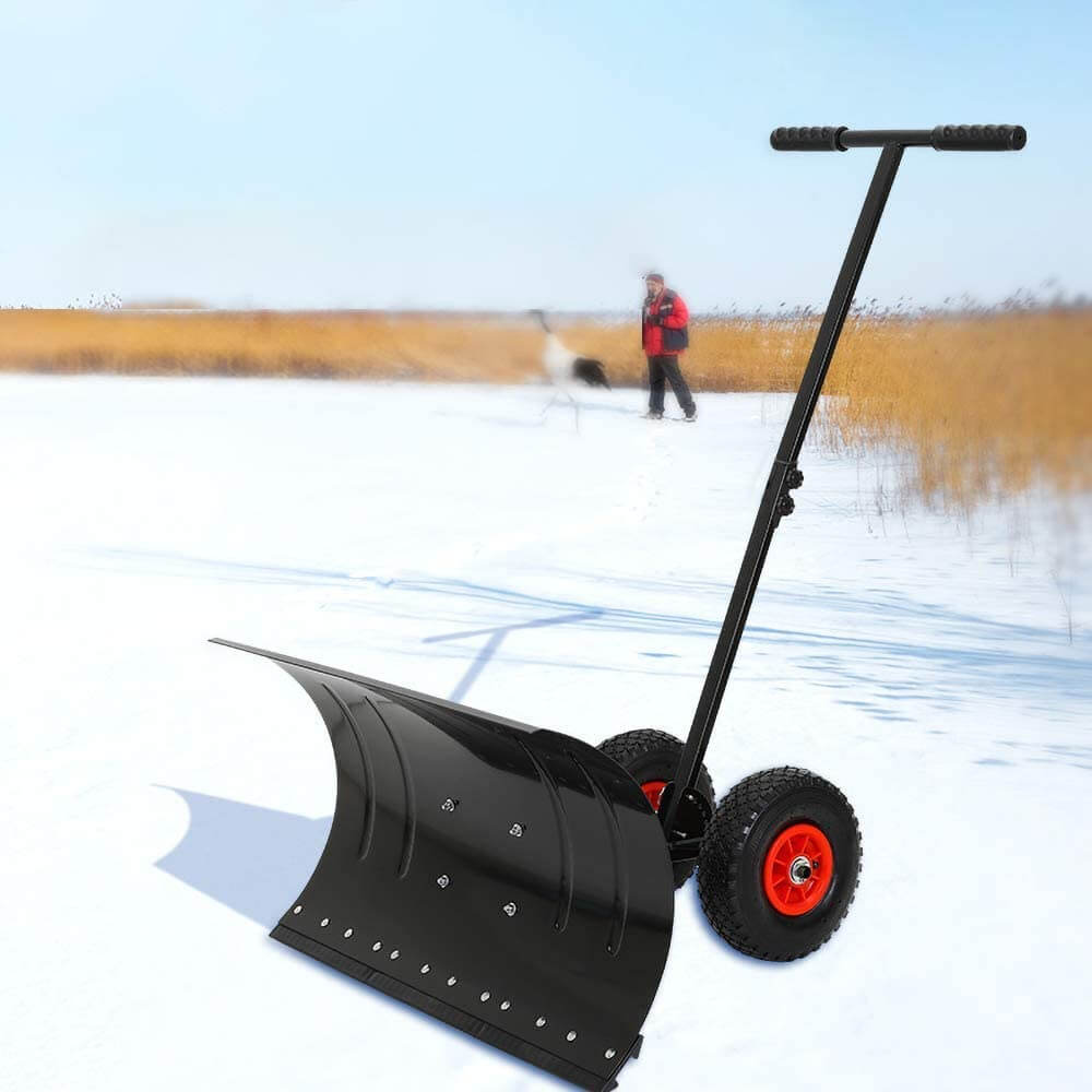 Adjustable snow pusher with wheels by Joy Base.